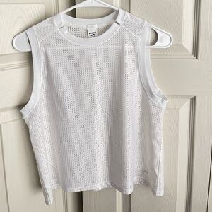 Brooks women's white, cropped, mesh, sleeveless athletic tank top.  D